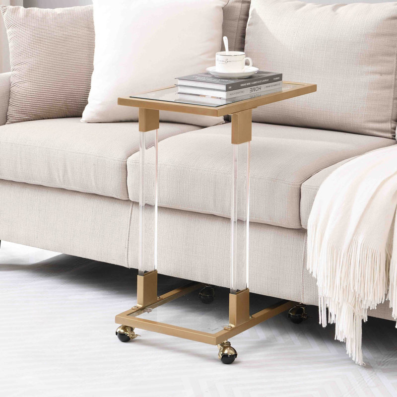 Table d'appoint en verre, table de bout, table carrée en forme de C avec plateau en verre
