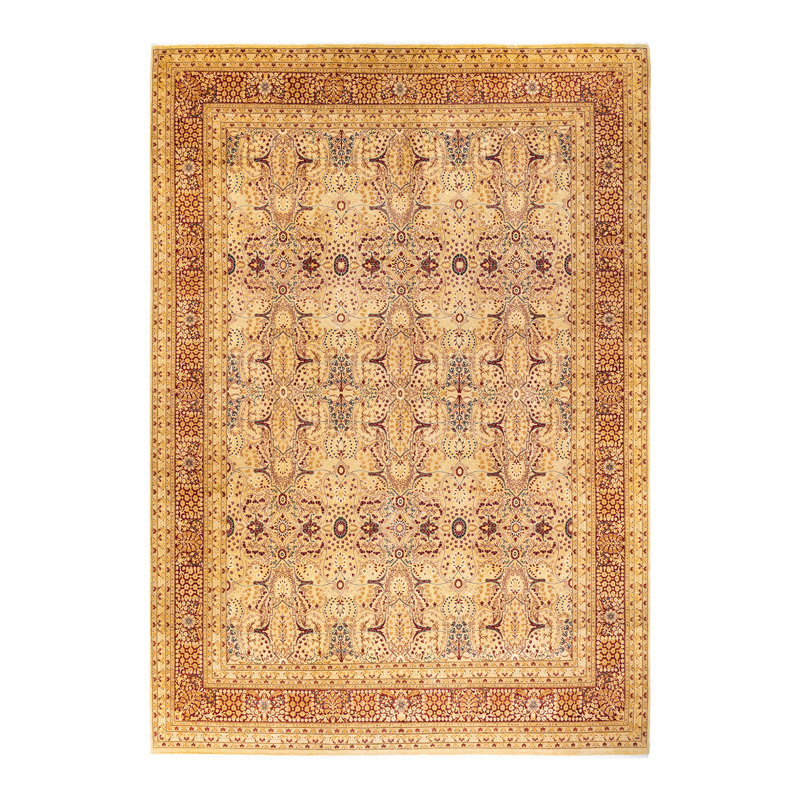 Tapis unique en laine noué à la main 9 pi 1 po x 12 pi 10 po nouvel âge Rorex - jaune / rouge / noir