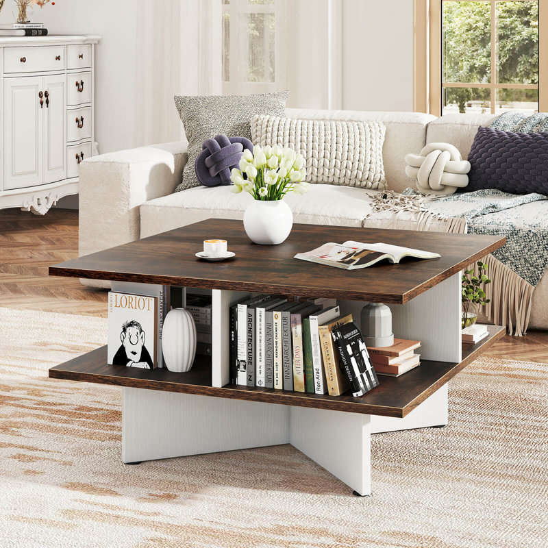 Table basse carrée de style industriel à 2 niveaux avec base en forme de X