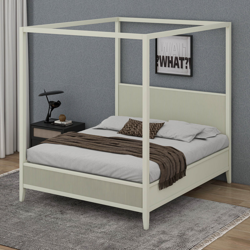 Wooden Canopy Platform Bed Frame with Timeless Fluted Panels and Thick Support Slats, Queen, Beige