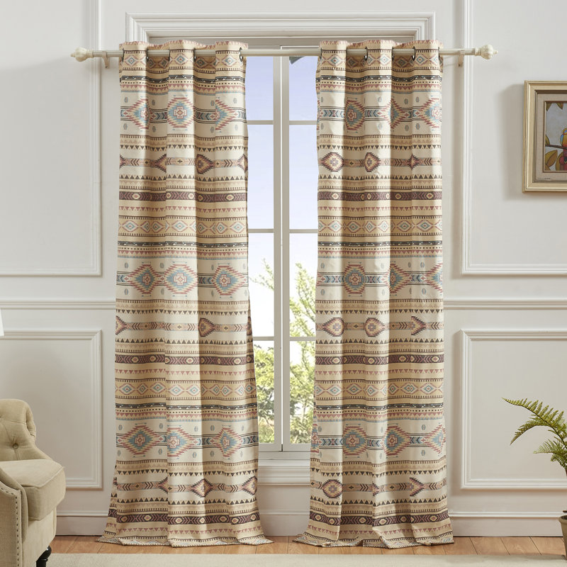 Phoenix Beige Southwest Geometric Light-Filtering Grommet Curtain Panels