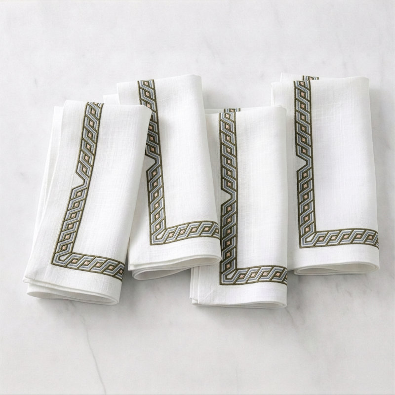 Aegean Key Embroidered Linen Napkin
