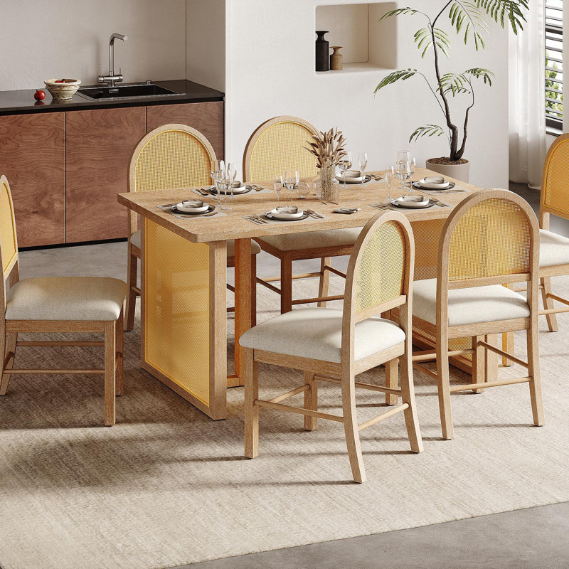 Ensemble de table de salle à manger 7 pièces pour table de salle à manger rectangulaire de 6 à 59,8 po avec placage de chêne vieilli et 6 chaises en rotin, mobilier de cuisine rustique pour la salle à manger (naturel)