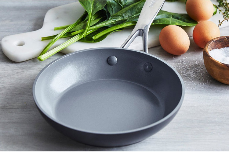 gray nonstick aluminum frying pan with stainless steel handle