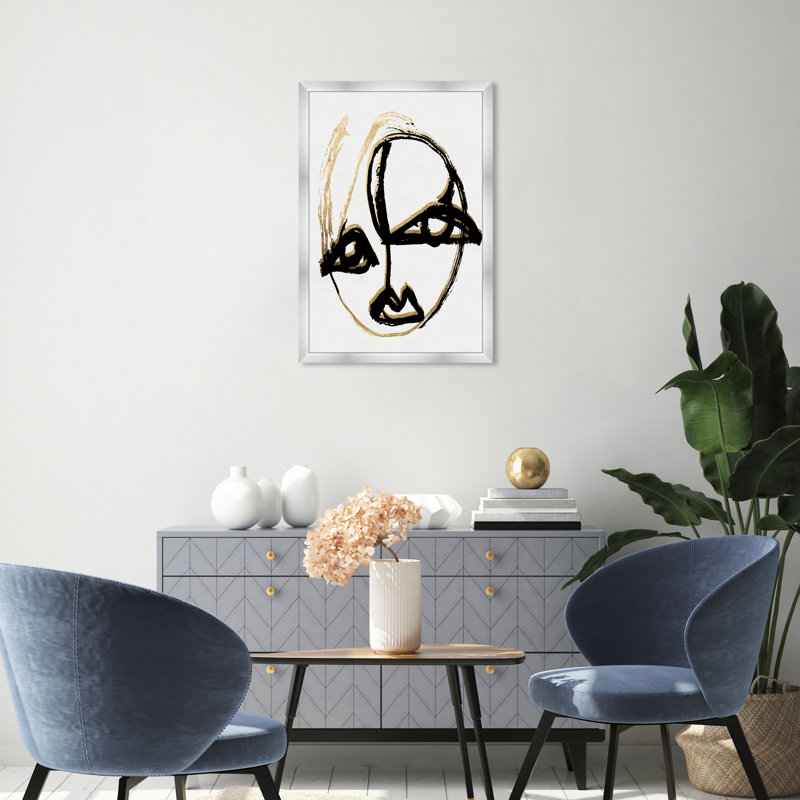 Portrait abstrait noir et blanc, impression d'art minimaliste encadrée pour entrée, Cadre argenté, H 32 po x l 32 po