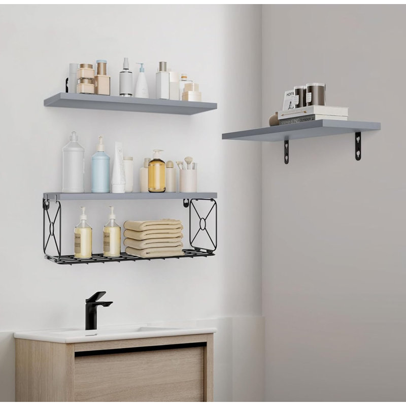 Floating Shelves Set of 3, Rustic Mounted Shelf with Metal Basket, Wall Shelves, Gray