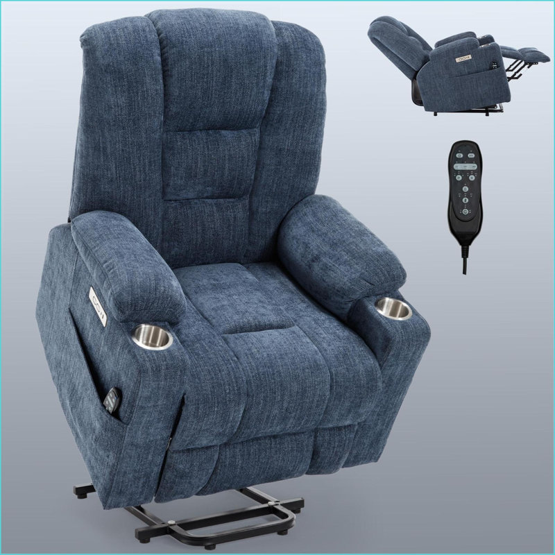 Recliners Power Lift with Massage &amp; Heat, USB/Type C, 2 Steel Cup Holders | Navy Blue | Chenille, Blue
