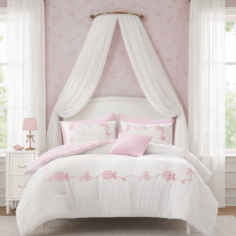 Ensemble d'édredon brodé à motif floral 6 pièces, Lit double, Rose