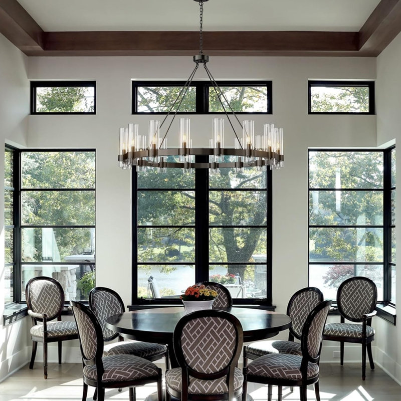Dhmendar 48" W 16-Light Glass Wagon Wheel Chandelier, Matte Black