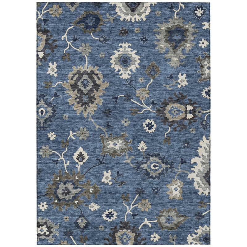 Tapis extérieur lavable floral bleu gris et blanc 5 pi x 8 pi