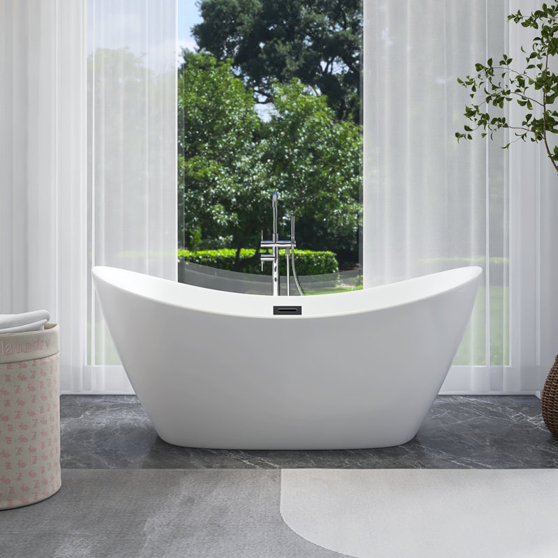 59 po X 31 po Baignoire de trempage autoportante en acrylique avec drain central en blanc brillant