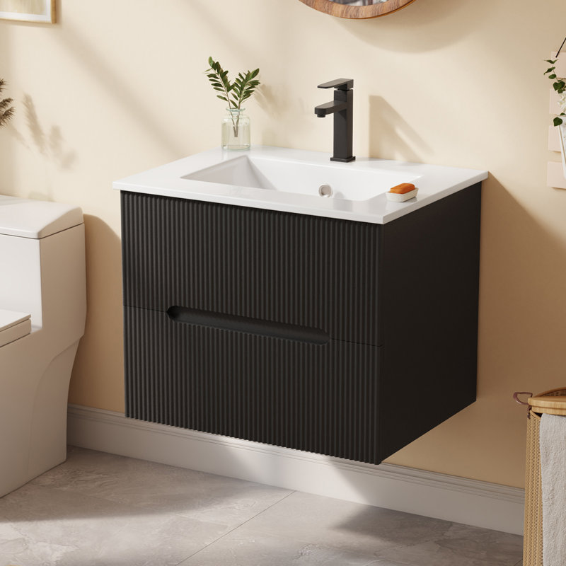  Meuble-lavabo mural 24 po avec lavabo et robinet en céramique, armoire flottante avec 2 tiroirs à fermeture en douceur, Noir