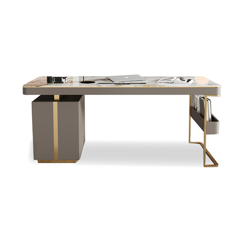 Bureau de luxe à plaque en pierre avec armoire de rangement intégrée, H 29,53 po x l 70,87 po x P 27,56 po