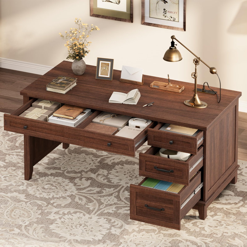 54.5in Wooden Executive Desk with Drawers & Charging Station – Farmhouse Office Computer Table with File Cabinet Storage for Study, Home Office (Walnut Brown)