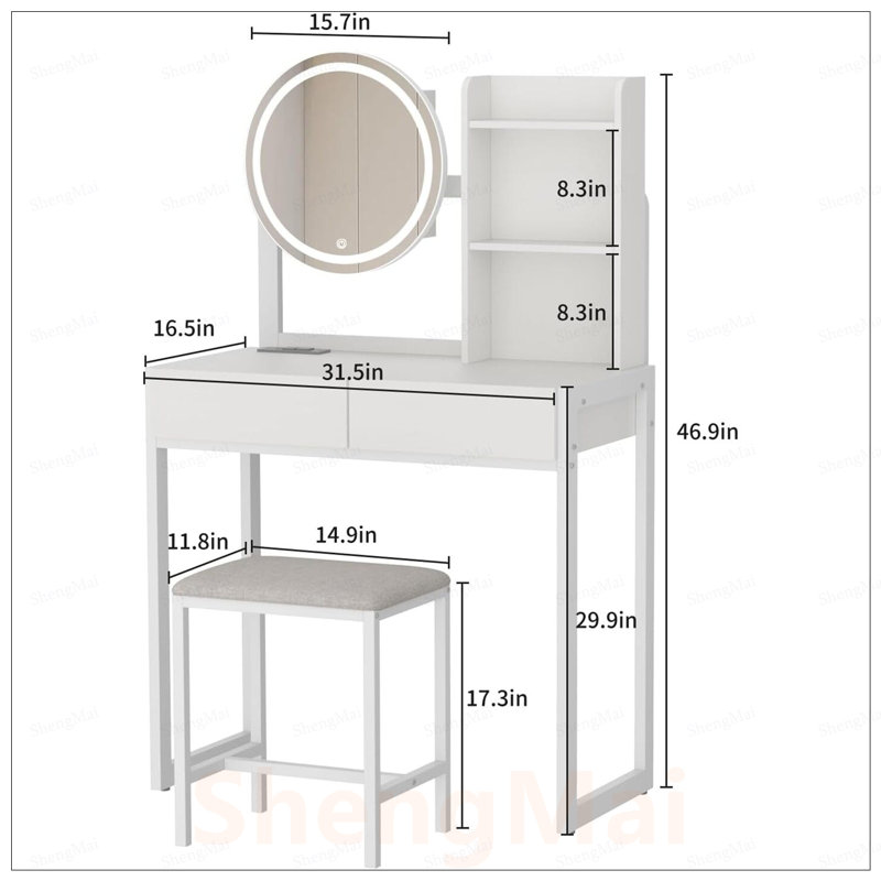 Bureau de coiffeuse compact avec miroir DEL, éclairage réglable, prise de courant, tiroir, tablettes et tabouret rembourré pour les petits espaces