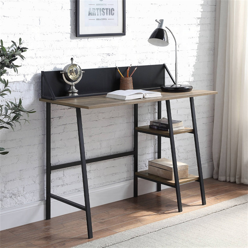 Bureau d'écriture rustique en chêne et noir à 2 tablettes avec base en forme de H