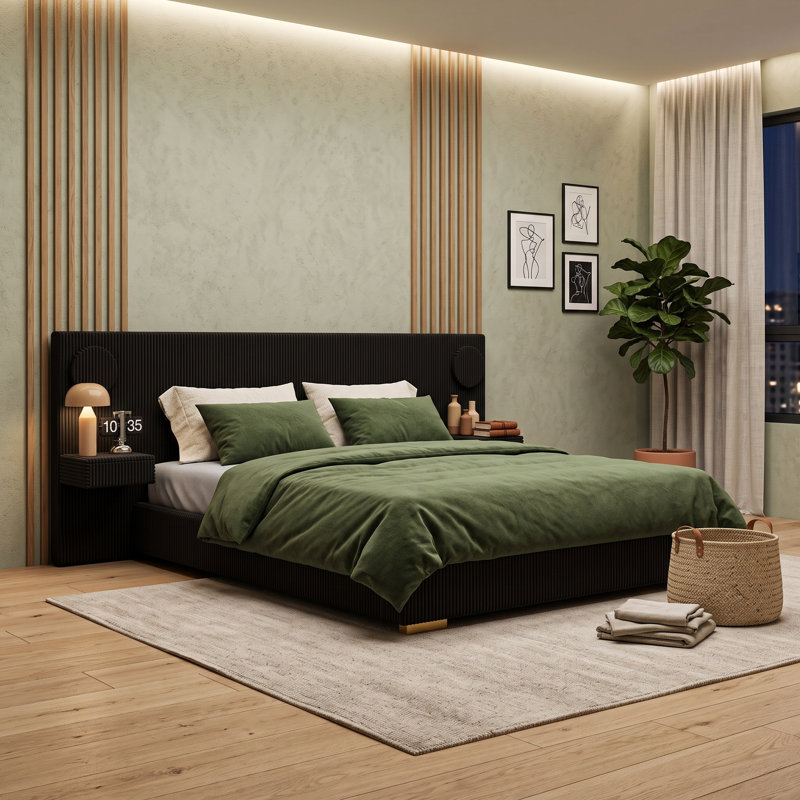 Lit plateforme tapissier avec lumières DEL, ports USB et tiroirs de rangement, Grand lit, Noir
