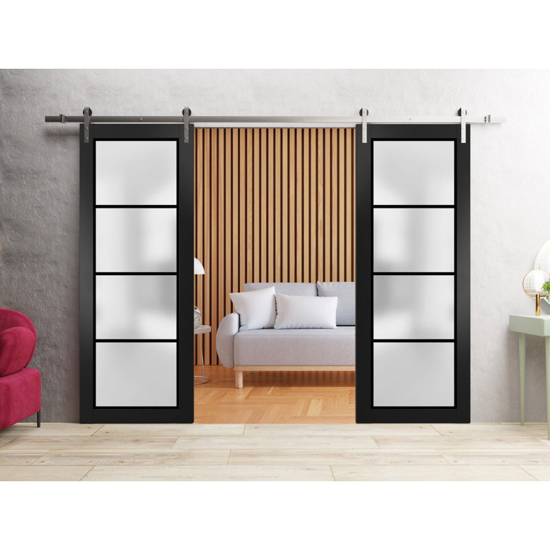 Porte de grange double robuste avec verre dépoli Planum 2132 Noir mat, rail argenté de 4 m (13 pi), portes intérieures modernes à panneaux pleins - 142 cm x 203 cm (56 po x 80 po) (2 x 71 cm x 203 cm) - Rail argenté