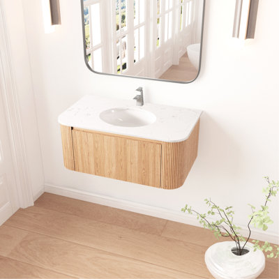 Meuble-lavabo mural moderne de 36 pouces avec design incurvé, marbre, lavabo en céramique, tiroir spacieux, glissières à fermeture en douceur, finition en bois naturel, comptoir en marbre à lattes de rangement, espace