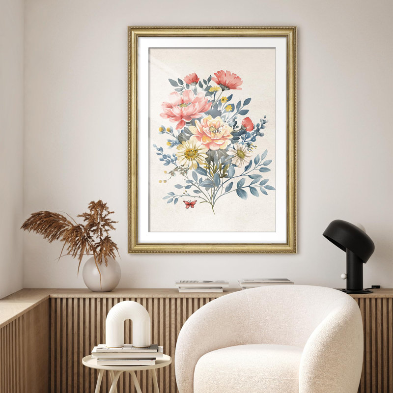 "Bouquet floral délicat, aquarelle, illustrations de fleurs pastel encadrées or", Oui