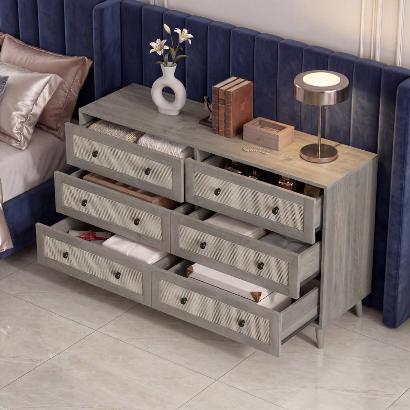 Augustina Rattan 6 Drawer Dresser for Bedroom, 47.3'' Wide Boho Double Dresser, Storage Dresser & Chest with Wooden Knobs