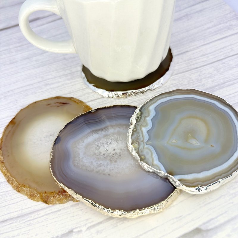 Sous-verres en agate naturelle, accessoires de cuisine, Gris/doré