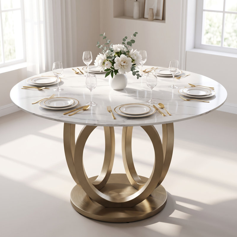 Table de salle à manger ronde de 130 cm en pierre frittée blanche avec pied central ajouré en acier inoxydable couleur champagne doré