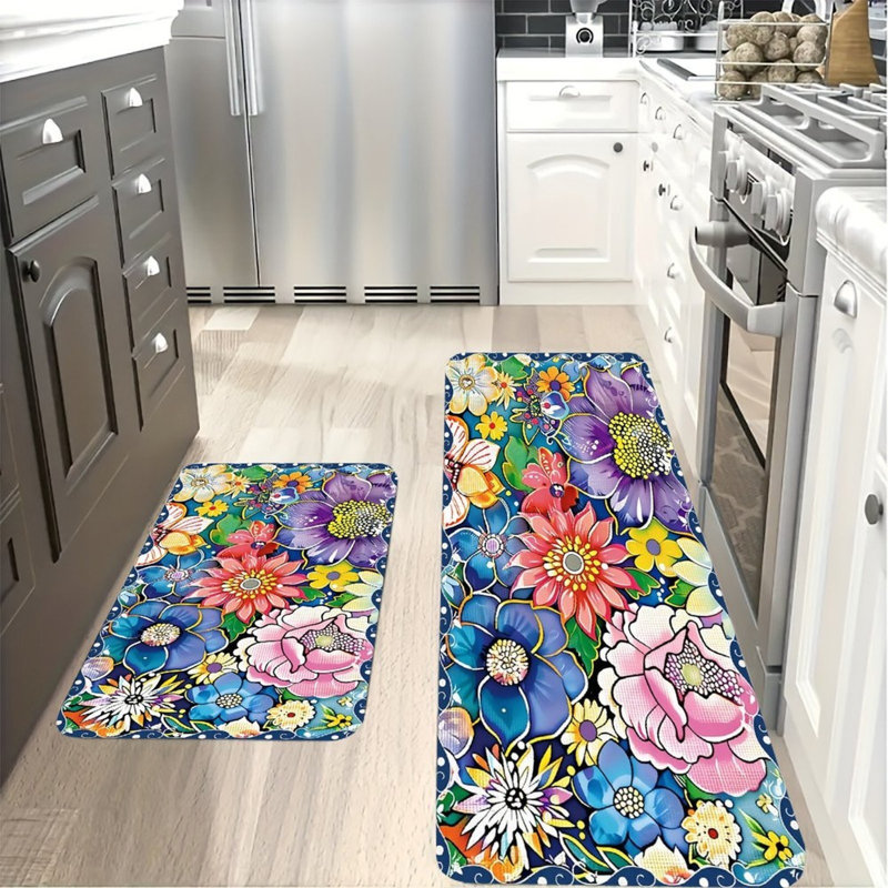 Ensemble de 2 tapis de cuisine à motif floral vibrant