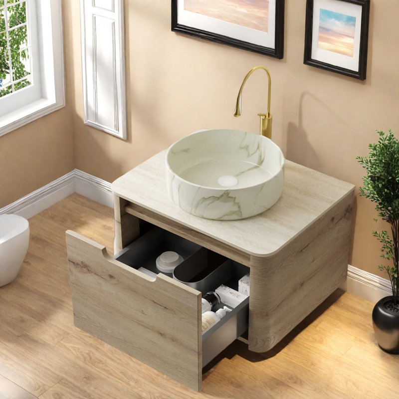 Meuble-lavabo moderne avec lavabo, contreplaqué durable, finition chêne blanc, parfait pour la salle de bain