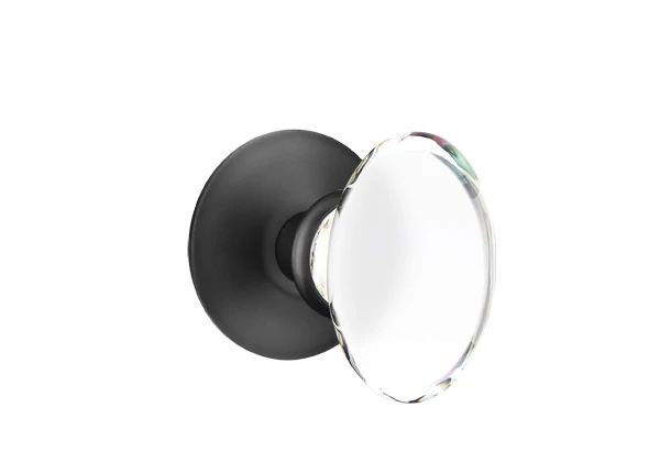 Emtek Privacy Interior Mortise Set w/ Modern Rosette & Hampton Glass Knob (RH), Flat Black