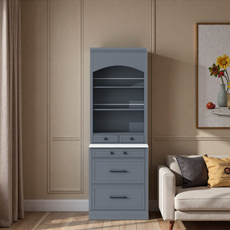 Garde-manger moderne avec plateau en faux marbre, 5 tiroirs et une tablette réglable, Gris, Noir