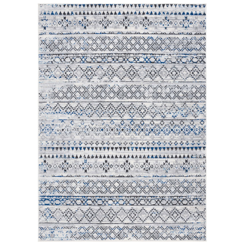 Tapis gris ivoire / bleu gris Sachiko, Rectangle 5 pi 5 po x 7 pi 7 po