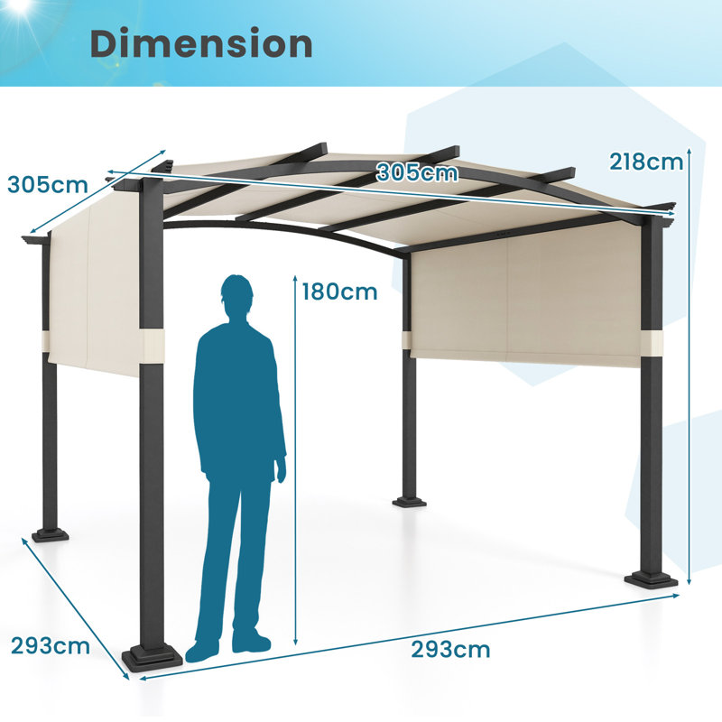 305 X 305 Cm Outdoor Pergola W/ Retractable Sunshade Canopy Arched Patio Garden Shelter, Beige