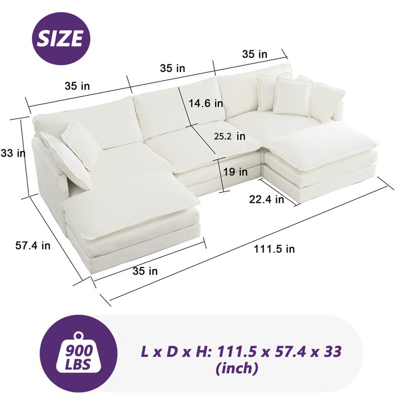 111.5" U-Shaped Modular Sectional Sofa With Movable Ottomans, White Chenille