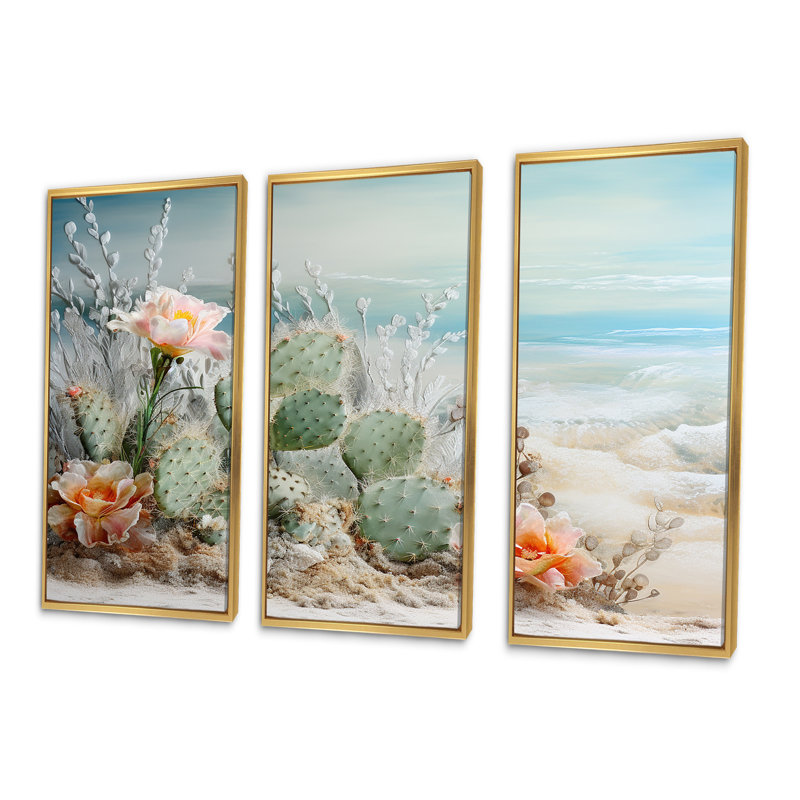 Collage cactus sur la plage I - ensemble de reproductions d'art mural floral cactus, Cadre flottant doré