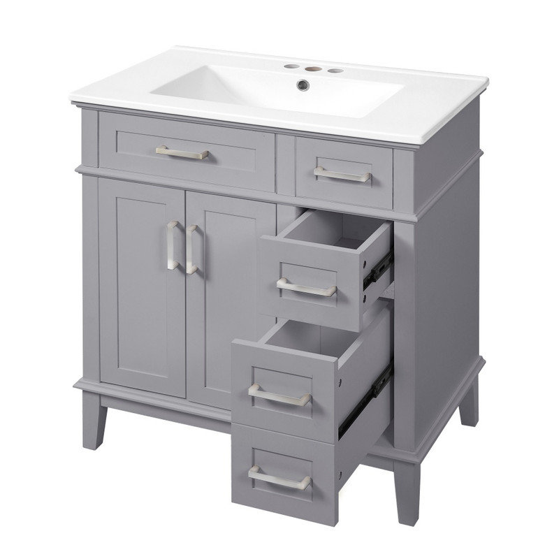 Meuble-lavabo moderne de 30 pouces avec double tiroir en céramique et portes à fermeture douce pour les petites salles de bain