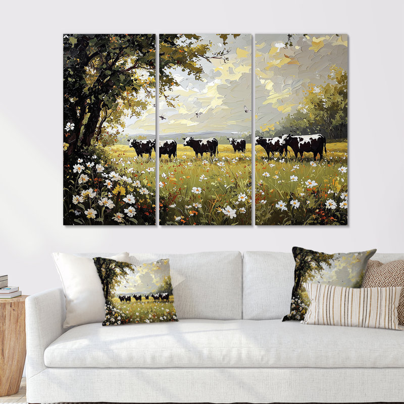 Vache verte et brune, pâture de paysage de ferme I - ensemble de salon d'art mural de ferme, Métal métal