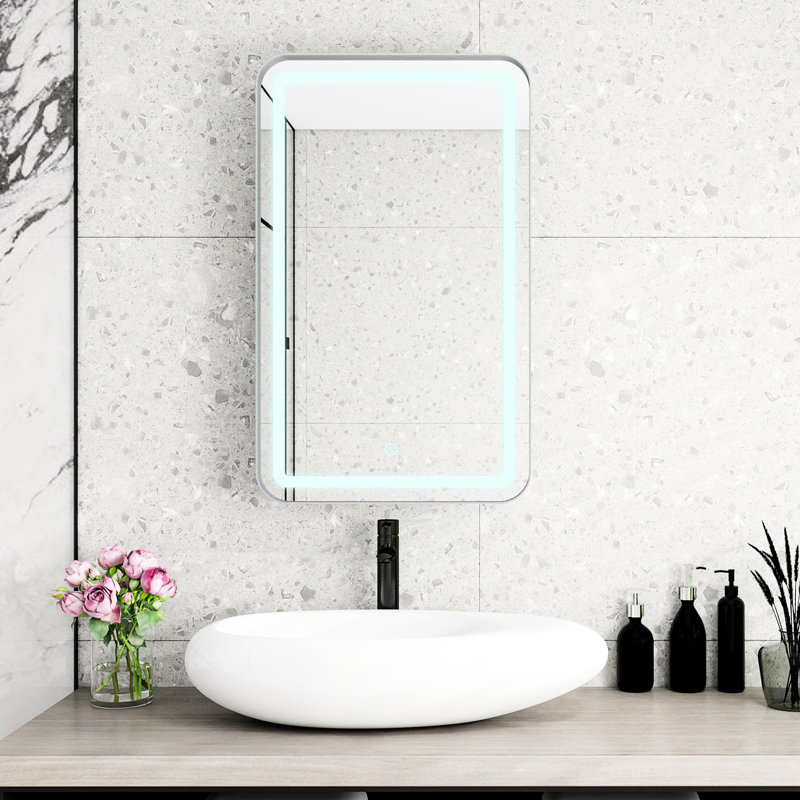 Miroir à pharmacie mural rectangulaire, argenté, maquillage à 3 couleurs DEL, 2 tablettes amovibles en verre trempé, rangement pour articles de toilette