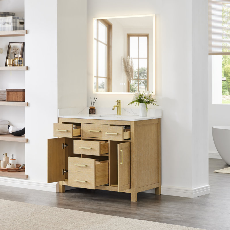 Beckett 42" Freestanding Single Bathroom Vanity with Quartz Top, Brushed Gold, Giotto Quartz, Whitewashed Oak
