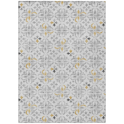 5' X 8' Silver Floral Washable Indoor Outdoor Area Rug