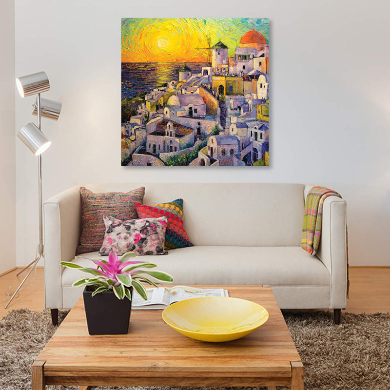 « coucher de soleil dans santorini », reproduction sur toile, H 12 po x l 12 po x P 1,5 po, Toile tendue, Pas de tapis