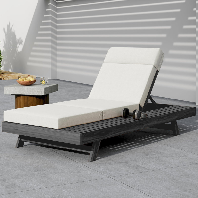 Porter Patio Acacia Wood Chaise Lounge with Adjustable Back & Tri-Fold Headrest Cushion, Cream Cushion/Black Frame