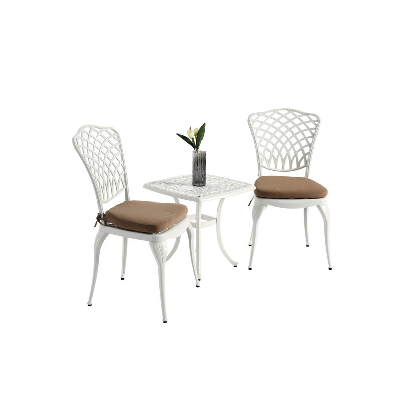Ensemble bistro en fonte d'aluminium antirouille 3 pièces - 2 chaises confortables et 1 table avec coussin blanc pour les espaces extérieurs