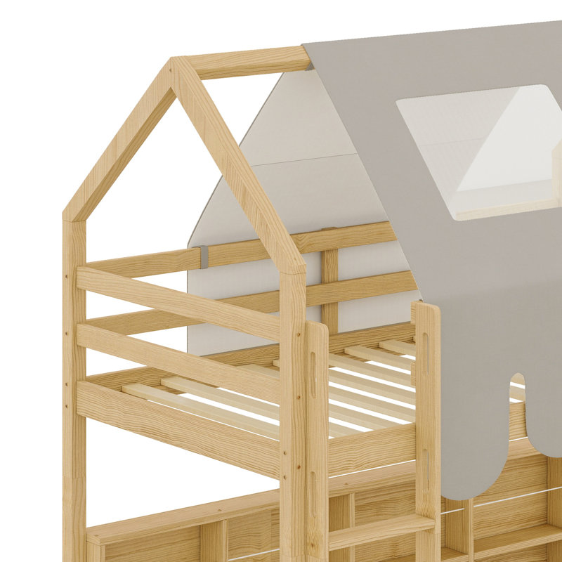 Structure de lit en mezzanine avec tente, Naturel / Beige, Lit simple