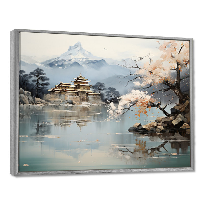 Art asiatique paysage impérial II - art mural asiatique, H 24 po x l 32 po, Argent argent, Reproduction avec cadre flottant