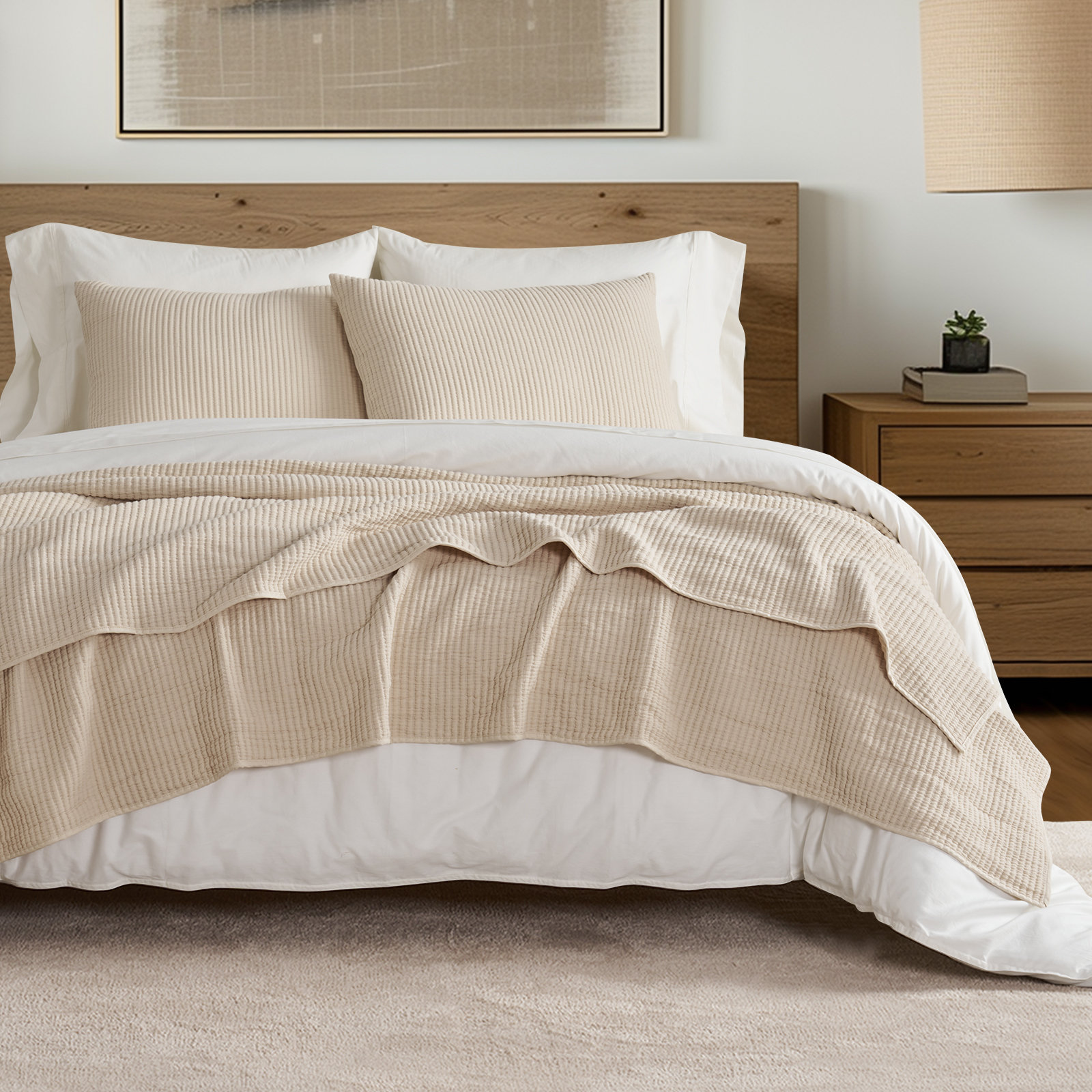 Ribbed Matelassé Cotton Coverlet Set, Queen Quilt + 2 Queen Shams, Olive Green