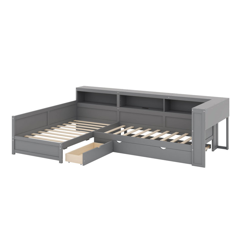 Lit plateforme simple en bois en L avec lit gigogne et tiroir, gris