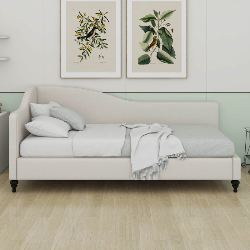 Lit de jour en L en forme de L, avec pieds en bois massif, cadre de lit pour enfants, adolescents, adultes, Lit simple, Beige