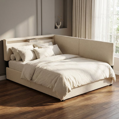 Twin-Size Upholstered Cloud-Patterned Beige Bed Frame With Headboard, Featuring Solid Wood Legs And Slats With Led Lighting And Usb Charging Ports—No Spring Mattress Required.