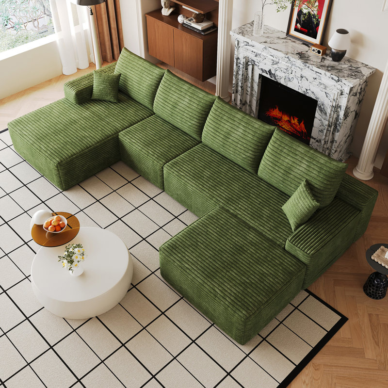 Canapé modulaire 135 po avec 1 repose-pieds Cloud, fauteuils rembourrés minimalistes modernes, canapé confortable en forme de U pour le salon, canapé d'angle à siège profond, sans assemblage requis, noir (tissu en velours côtelé moelleux), vert